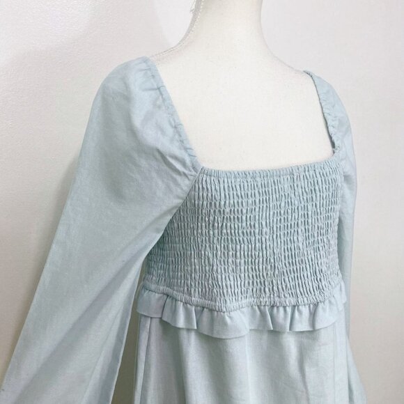 7 FOR ALL MANKIND BABY BLUE LINEN PEASANT SMOCKED MIDI DRESS - M - Picture 4 of 8